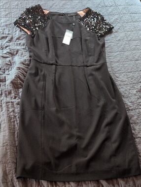 BCBG Black Sheath Dress with Sequin Cap Sleeves
